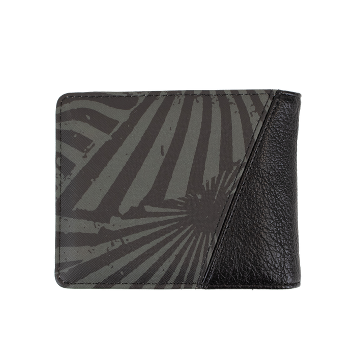 The Volcom Men's Solidstone Bifold wallet features a black and gray design with a radial burst pattern and a textured black leather section on the right side, displayed on a white background.