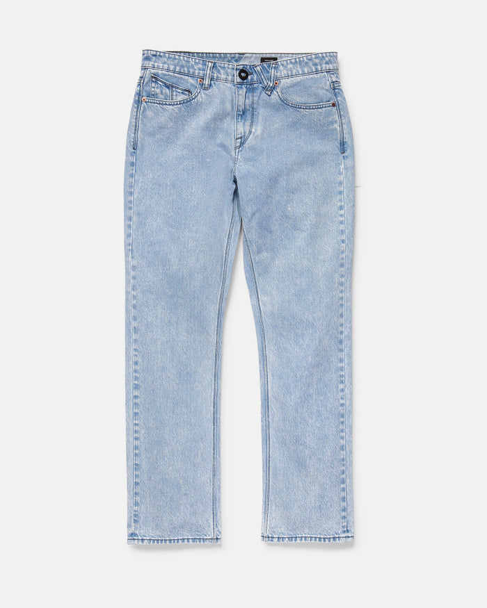 Volcom Men's Solver Denim Pants in light blue, featuring a straight leg, classic five-pocket design, and button-zip fly, displayed flat on a white background.