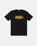Introducing the Volcom Men's Speeder Short Sleeve Tee: a black classic fit premium t-shirt featuring a bold yellow and white VOLCOM logo and "American Skating Co." text on the front, complemented by a striking yellow geometric emblem to the right. Crafted from heavyweight cotton, this tee delivers enduring comfort and durability.