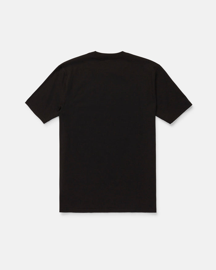 The Volcom Men's Speeder Short Sleeve Tee, shown in a classic fit with short sleeves and a plain black design, is laid flat on a white background and displayed from the back.