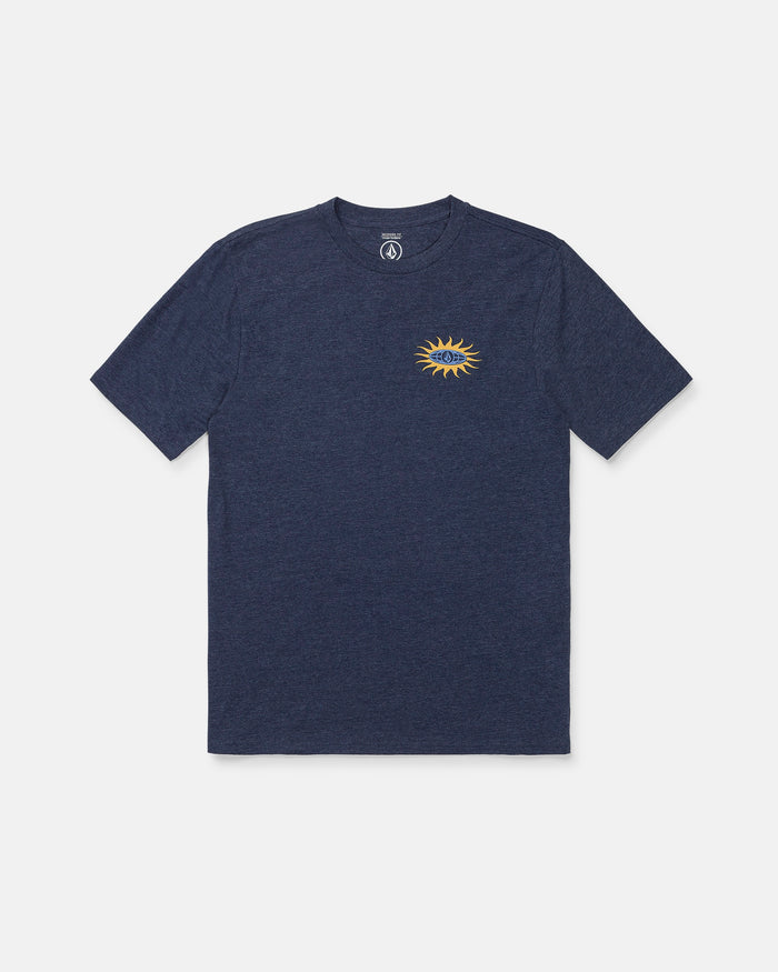 The Men's Spf91 Short Sleeve Tee by Volcom is a navy blue, medium-weight heather tee featuring a small yellow sun graphic with a central eye on the left chest, shown here on a plain white background.