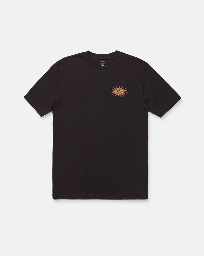 The Volcom Men's Spf91 Short Sleeve Tee is a medium-weight heather t-shirt in plain black, featuring a small red and yellow sun graphic on the left chest. Displayed against a white background, this modern fit tee is crafted from a soft ring spun cotton-poly blend, offering everyday comfort.
