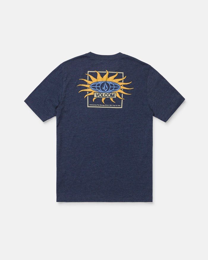 The Volcom Men's Spf91 Short Sleeve Tee is a navy blue, medium-weight heather shirt featuring a bold yellow sun graphic and "VOLCOM" logo centered on the back. Unique geometric shapes and additional text underneath the design give this standout tee an edgy, modern look.