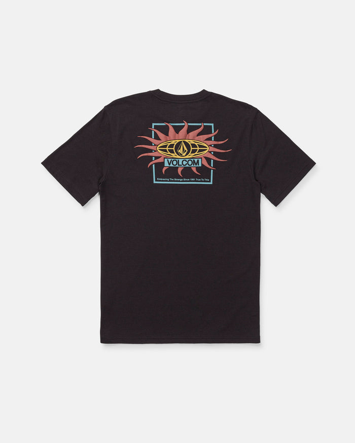 The Men's Spf91 Short Sleeve Tee by Volcom is a modern fit, medium-weight heather T-shirt crafted from a comfortable and durable ring spun cotton-poly blend. It features short sleeves and a vibrant graphic on the back with a stylized sun, VOLCOM logo, and text underneath. The tee is shown laid flat on a white background.