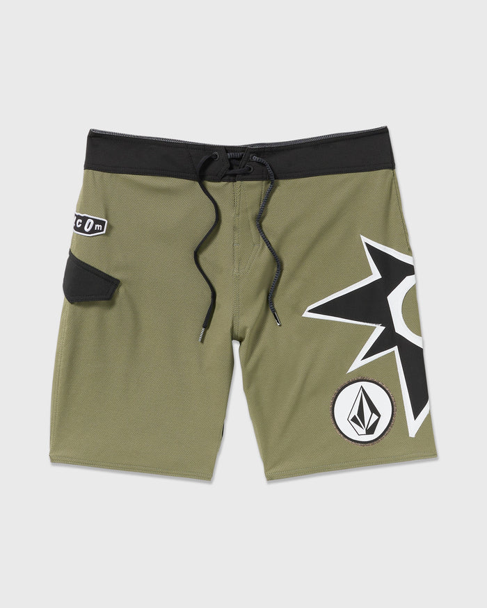 Volcom Men's St4R G4Zer Mod 20 Trunks feature olive green 4-way athletic flex fabric, a black waistband with drawstring, left side pocket, and bold black-and-white geometric logos on the right leg for comfort and style.