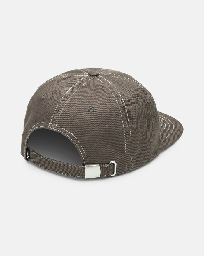 The Volcom Men's Star Shields Featured Artist Adjustable Hat is a brown 5-panel snapback, shown from the back with white stitching and a metal buckle strap against a plain light background.