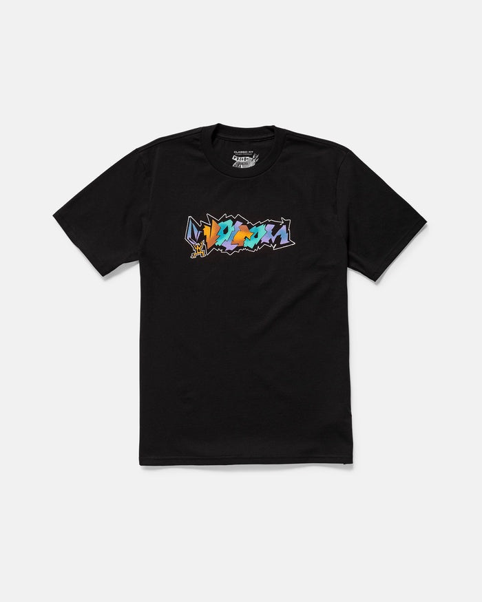 The Volcom Men's Star Shields Featured Artist Exp Short Sleeve Tee is a black cotton shirt with a colorful, abstract graffiti graphic in blue, green, yellow, purple, and red on the chest—shown laid flat on a plain white background.