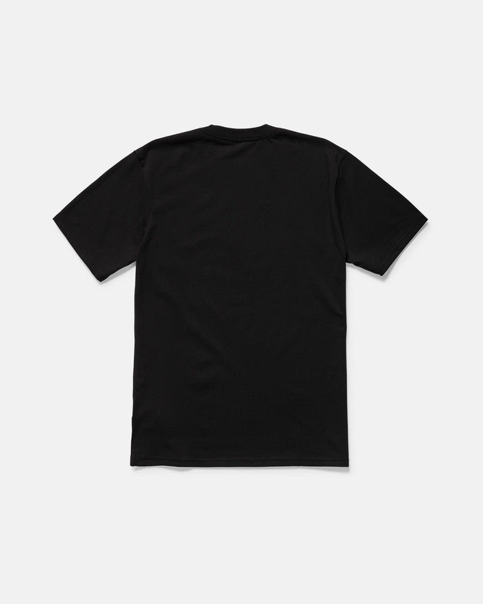 The Men's Star Shields Featured Artist Exp Short Sleeve Tee by Volcom is a black cotton shirt shown flat, back side up, on a white background—perfect for those who love Star Shields and minimal style.