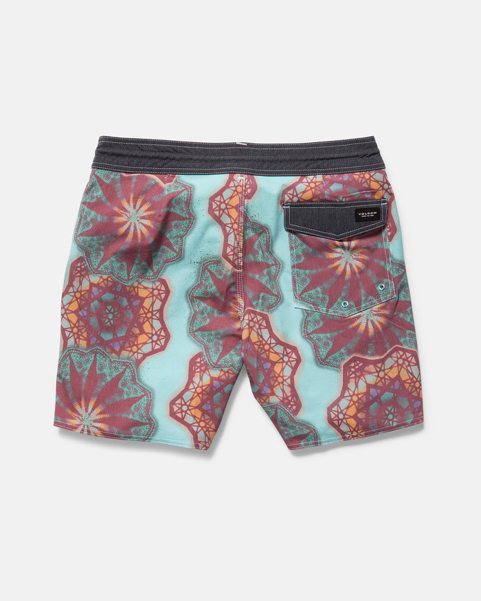 Back view of Volcom Men's Star Shields Featured Artist Pcs Stoney, featuring a vibrant geometric mandala in red, orange, and teal on light blue, with an aquatic-ready design and a black back pocket with flap and button closure.