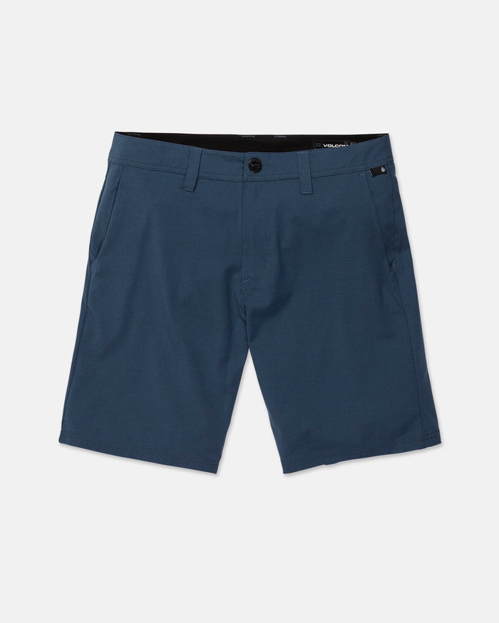 The Volcom Men's Frickin Cross Shred Static Shorts are blue hybrid shorts with a 20-inch outseam, designed with belt loops, front pockets, and a single button closure. Made from soft heathered fabric, these shorts are shown against a white background.