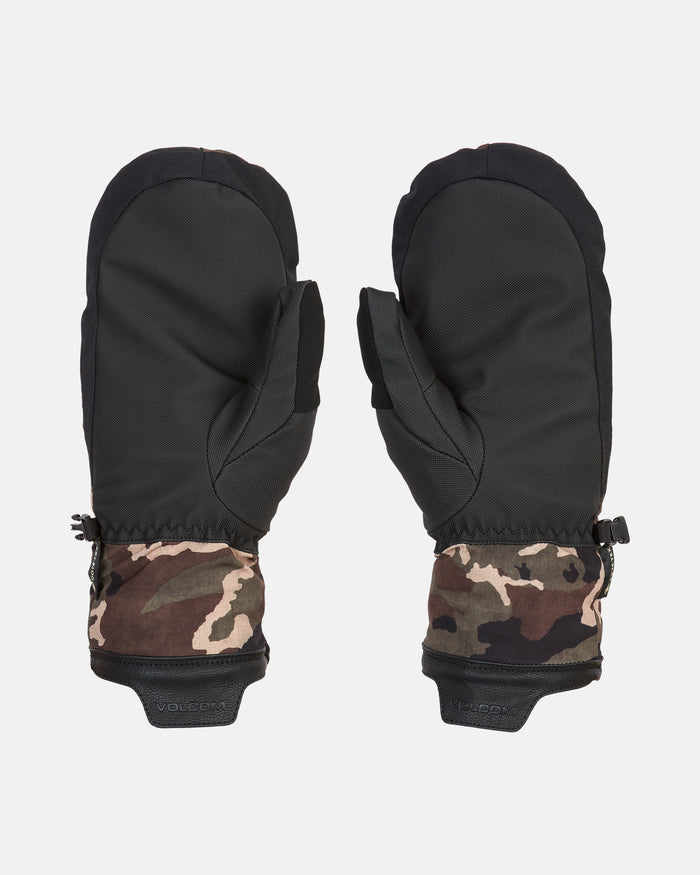 A pair of Volcom Men’s Stay Dry Gore-Tex Mitts with black tops and camouflage-patterned cuffs, featuring insulated GORE-TEX construction, displayed palms down against a white background.