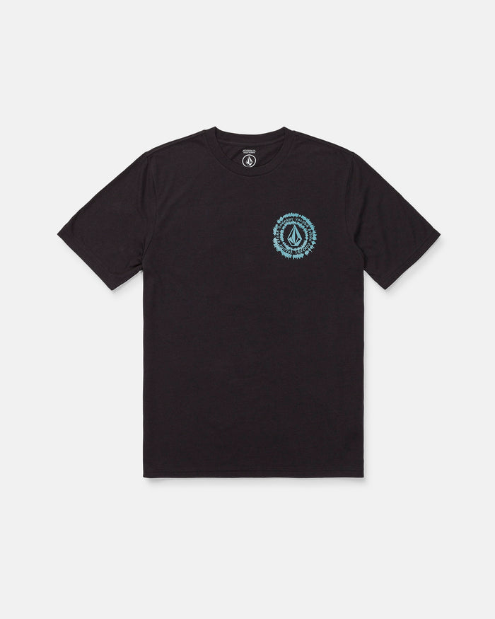 The Volcom Men's Still Spiraling Short Sleeve Tee is a washed black t-shirt with a modern fit, featuring a soft hand screen print—a small blue circular graphic and logo on the left chest—displayed against a plain white background.