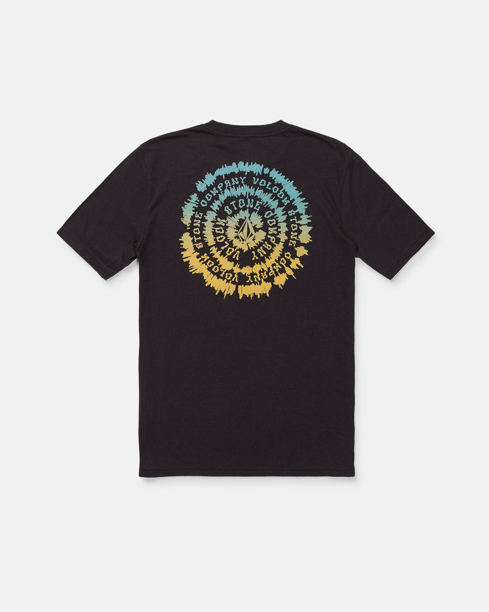 The Volcom Men's Still Spiraling Short Sleeve Tee features a washed black modern-fit heather design, with a soft hand screen print showcasing a blue and yellow tie-dye circular graphic on the back. White text spirals inward, reading “Downtown Sound Detroit,” ensuring both all-day comfort and standout style.