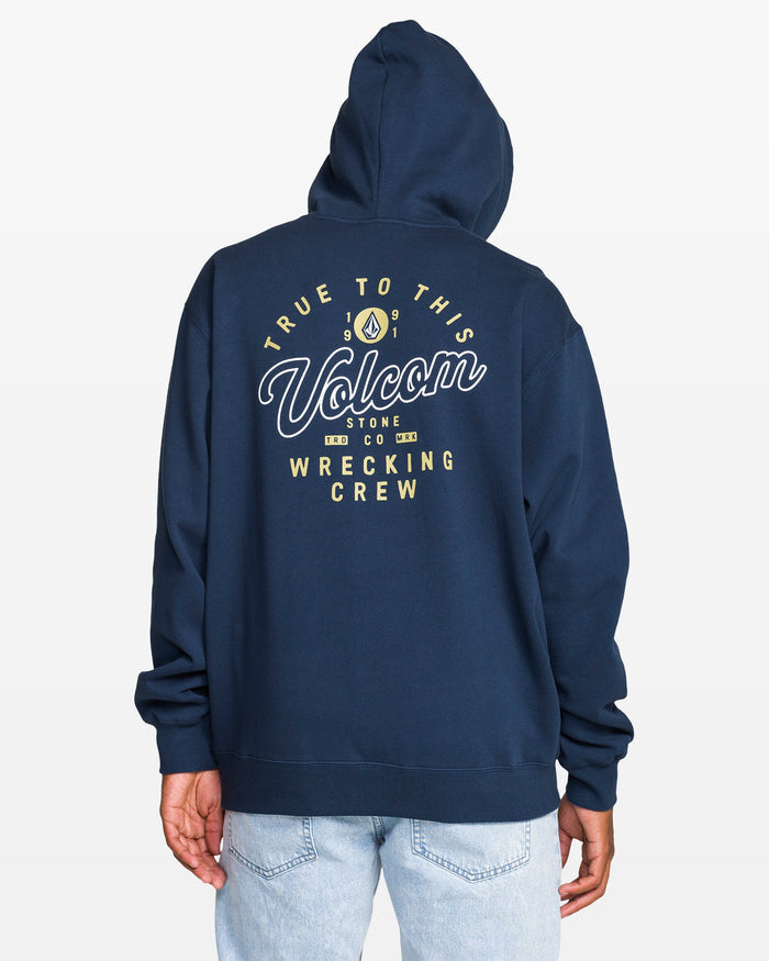 Navy hoodie with Volcom branding on the back against a light gray background