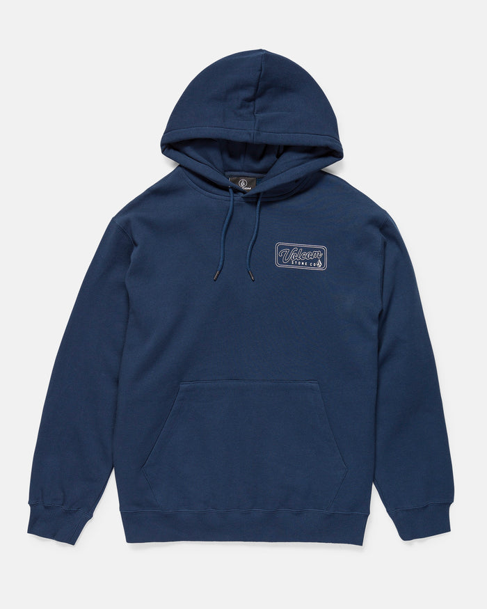 The Men's Stone Coast Pullover by Volcom is a navy blue hoodie with a front pocket, drawstrings, and brushed fleece with recycled polyester. It features a small "Vikings Athletic" logo embroidered on the left chest. Laid flat on a white background.