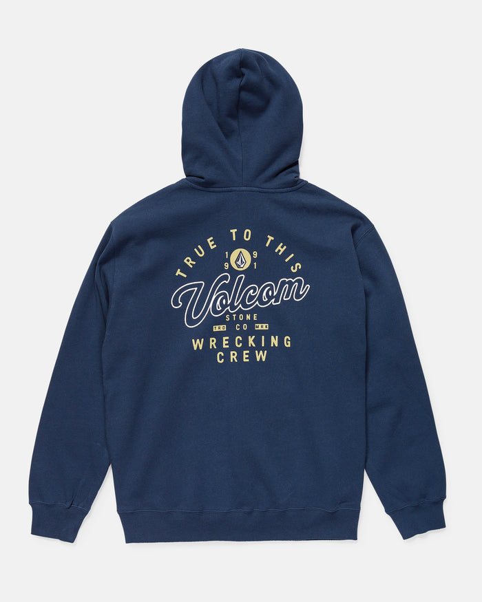 Navy hoodie with Volcom branding on the back against a light gray background