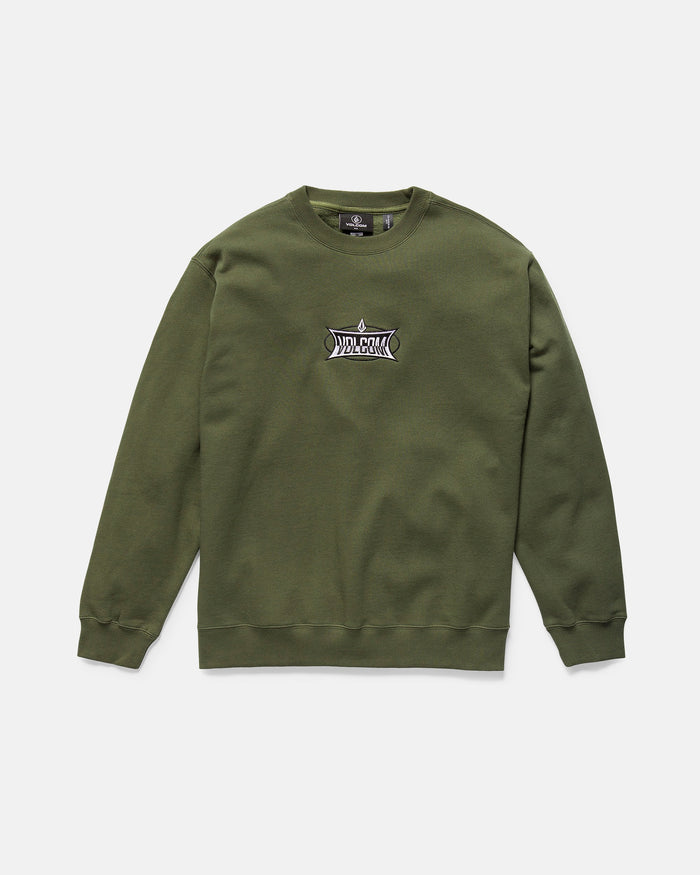 The Men's Stone Cruiser Crew by Volcom is a Squadron Green sweatshirt made from recycled polyester brushed fleece, with long sleeves and a small black and white embroidered chest logo, shown on a plain white background.