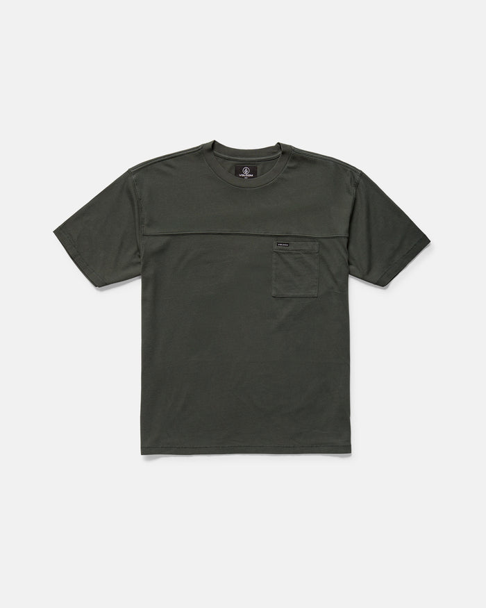 The Volcom Men's Stone Cruiser Crew is a plain, dark green short-sleeve t-shirt with a left chest pocket, made from 100% cotton jersey with a vintage wash, shown laid flat on a white background.