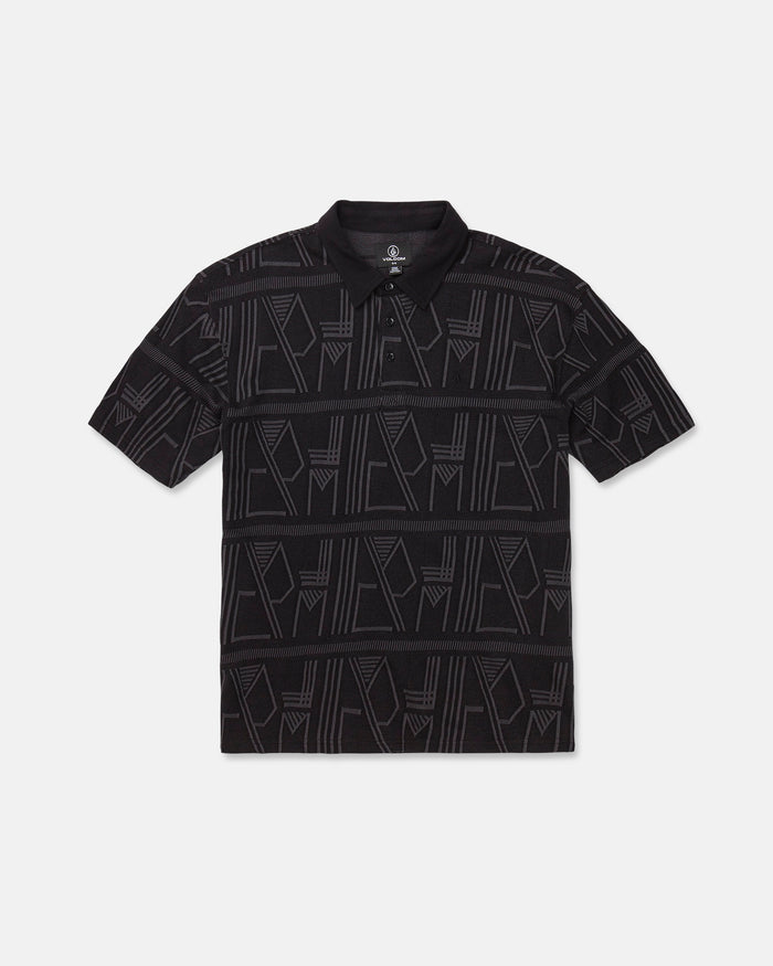 Men's Stone Optix Polo: This black short-sleeve polo from Volcom features a collar and a modern geometric pattern in light gray lines. Crafted from yarn-dyed jacquard, it includes three buttons at the collar and showcases an abstract design with a boxy fit for contemporary style.