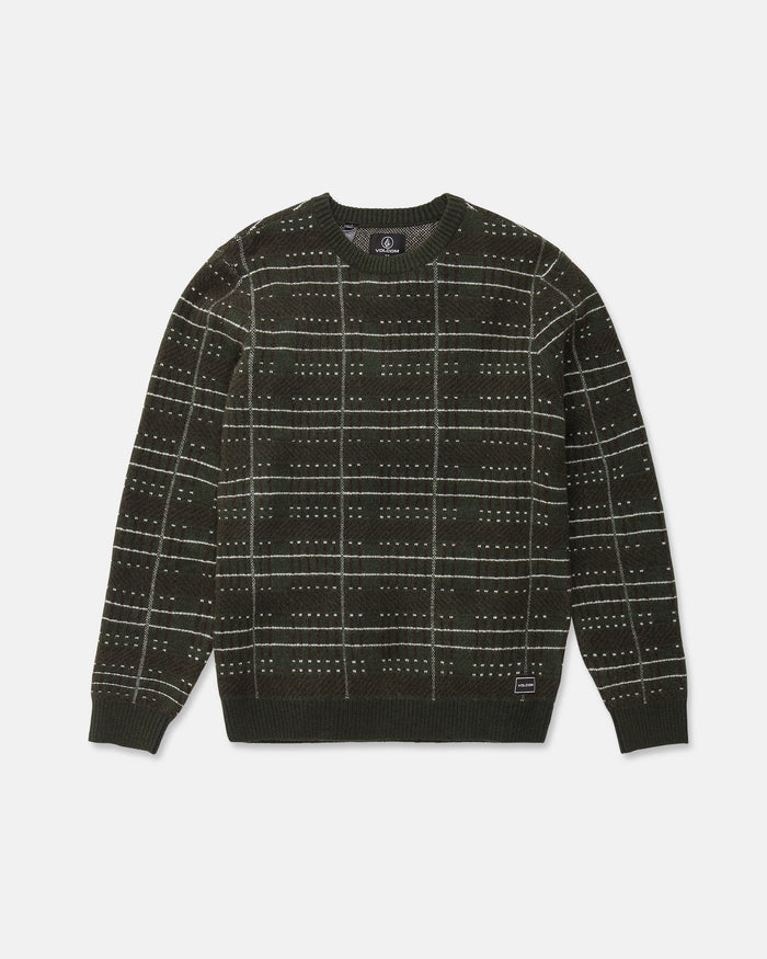 The Men's Stone Optix Sweater by Volcom is shown laid flat on a white background, featuring a dark green plaid design with white dotted lines creating a checkered pattern. This slim fit, long sleeve sweater has ribbed cuffs, a crew neck neckline, and a ribbed hem.