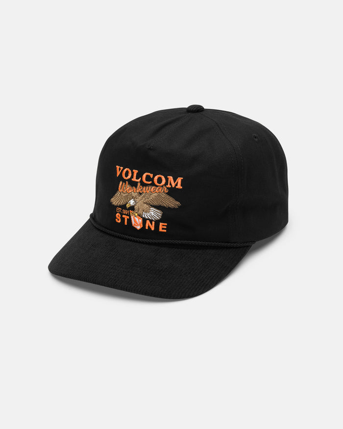 The Volcom Men's Stone Talon Workwear Hat is a black canvas 5-panel cap, shown at an angle on a white background. It features striking orange “Volcom Workwear” lettering, an embroidered eagle, and “Off the Stone” text on the front.