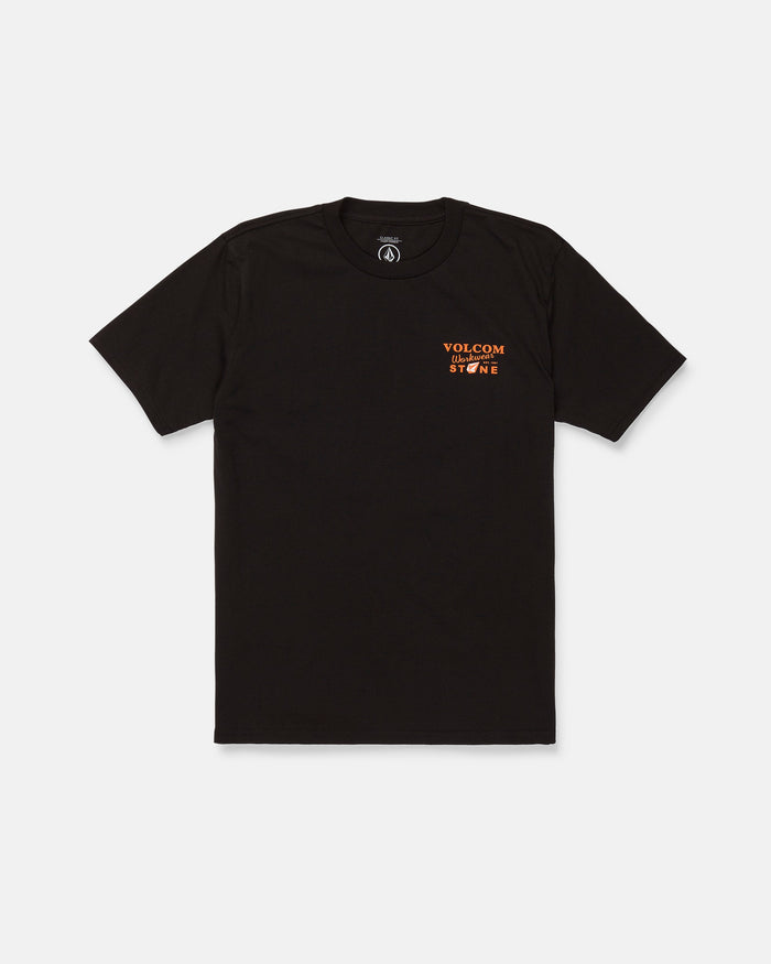 The Men's Stone Talon Workwear Short Sleeve Tee by Volcom is a black classic-fit tee made from heavyweight cotton for long-lasting durability. It features a small orange and white Volcom Stone logo on the left chest and is shown against a plain white background.