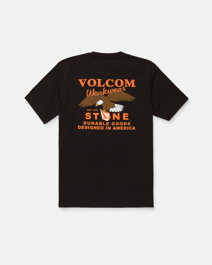 Men's Stone Talon Workwear Short Sleeve Tee by Volcom features an eagle graphic and "Stone Durable Goods Designed in America" printed in orange on the back. This classic fit black workwear tee is made from heavyweight cotton to ensure comfort and long-lasting durability.