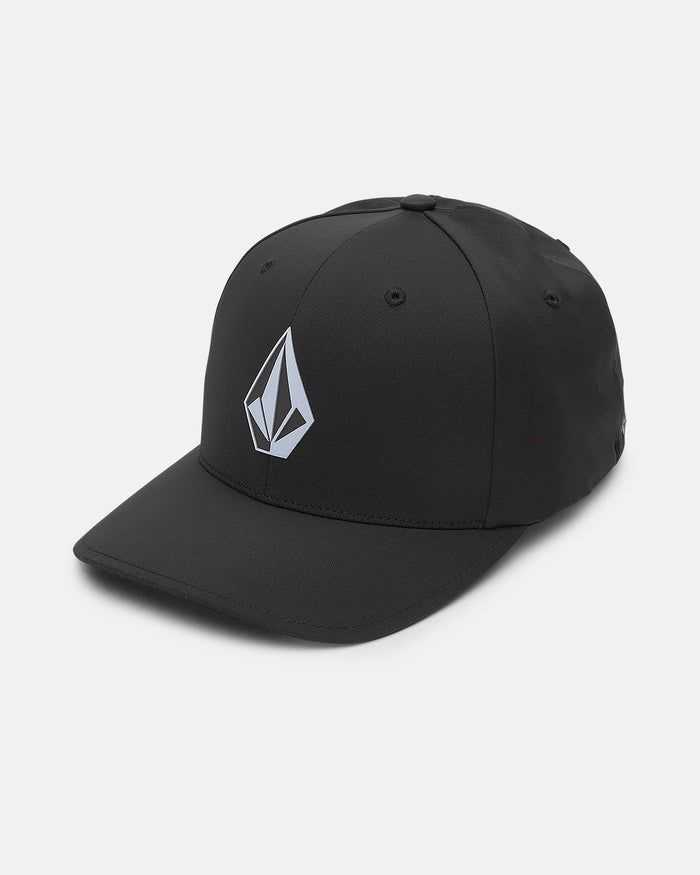 The Volcom Men's Stone Tech Flexfit Delta cap is black with a white geometric logo, featuring moisture-wicking technology for comfort, shown against a plain white background.