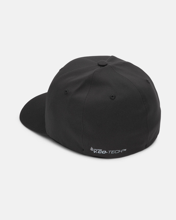 A black Volcom Men's Stone Tech Flexfit Delta cap shown from the back left, features small white “V.CO-TECH™” embroidery near the bottom edge. This moisture-wicking hat has a curved brim and black eyelets.