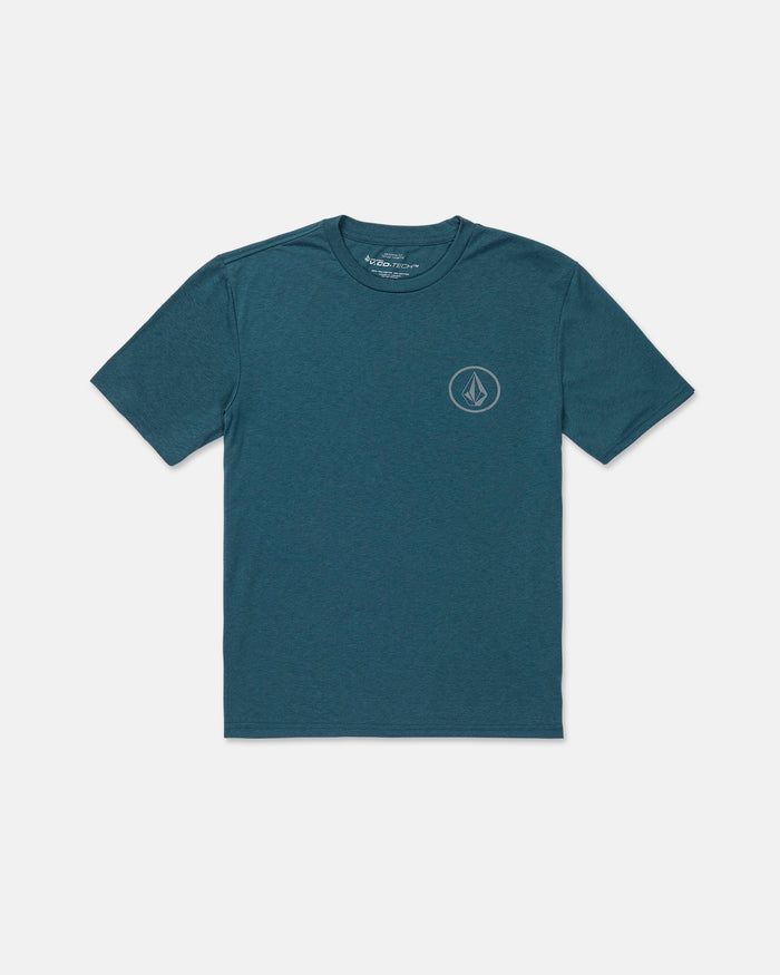 The Men's Stone Tech Short Sleeve Tee by Volcom features a modern fit and a minimalist geometric logo on the left chest. Shown here in teal, the shirt is laid flat against a plain white background.