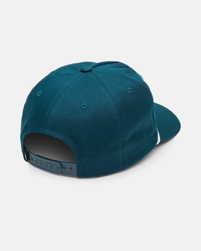 The Volcom Men's Stoney Mountain Hi Adjustable Hat, shown from the back in teal cotton twill, features a snapback closure and stitched eyelets for ventilation.