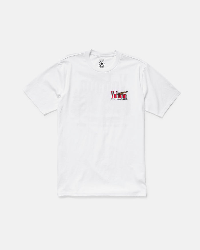 The Volcom Men's Stoney Mountain Short Sleeve Tee is a classic fit, 100% cotton shirt with a small red and black logo graphic on the left chest, shown on a plain white background.