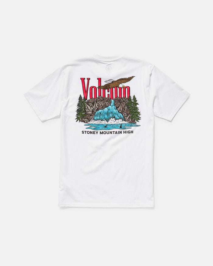 The Volcom Men's Stoney Mountain Short Sleeve Tee is a classic fit, 100% cotton shirt with a waterfall, trees, and mountains graphic on the back, “Volcano” in bold red above and “STONEY MOUNTAIN HIGH” printed below.