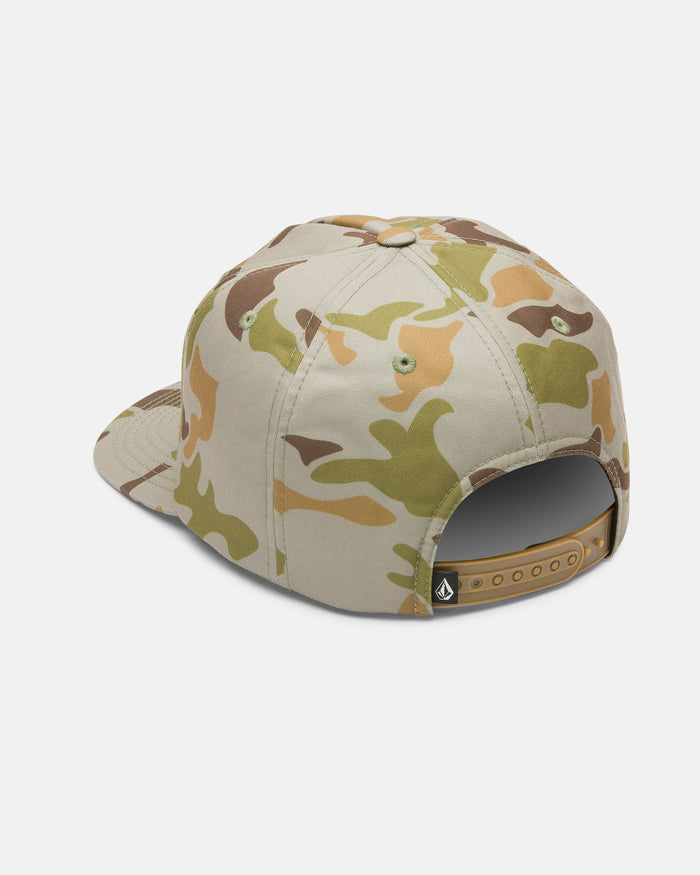A camouflage-patterned Men's Stoney River Hat by Volcom, shown from the back, featuring a classic snapback fit with an adjustable closure on its 5-panel foam crown and a small black and white Stoney River Hat tag above the opening.