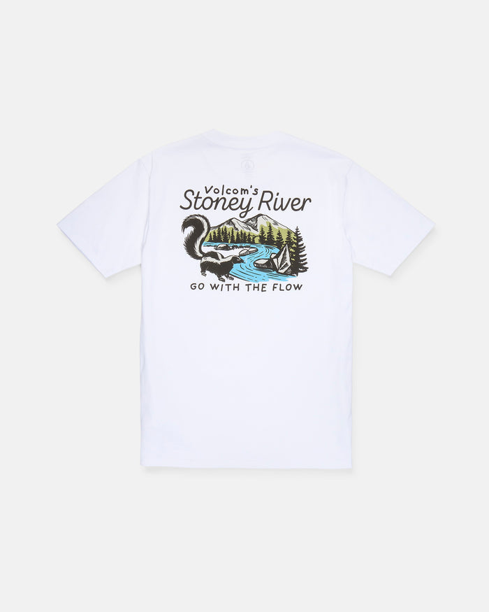 The Men's Stoney River Short Sleeve Tee by Volcom is crafted from premium ring spun cotton and features a graphic on the back depicting a river, trees, and hills. The design includes "Volcom’s Stoney River" text above the artwork and "Go With The Flow" below, finished with a soft-hand screen print for lasting comfort and style.