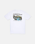 The Men's Stoney River Short Sleeve Tee by Volcom is crafted from premium ring spun cotton and features a graphic on the back depicting a river, trees, and hills. The design includes "Volcom’s Stoney River" text above the artwork and "Go With The Flow" below, finished with a soft-hand screen print for lasting comfort and style.