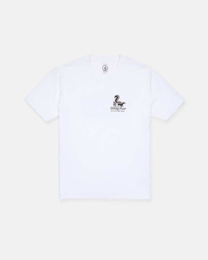 The Volcom Men's Stoney River Short Sleeve Tee is a white heavyweight t-shirt crafted from premium ring spun cotton. Featuring a soft-hand screen print, it displays a small black snake graphic and the text "NO SNAKES ALLOWED" on the left chest. The shirt is shown laid flat against a plain white background.
