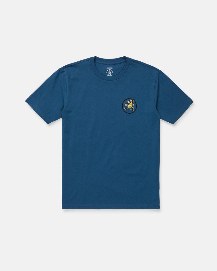 The Volcom Men's Stoneyguy Short Sleeve Tee is a blue, classic fit t-shirt made from premium cotton, featuring a small, colorful animal-in-helmet patch on the left chest and shown laid flat against a white background.