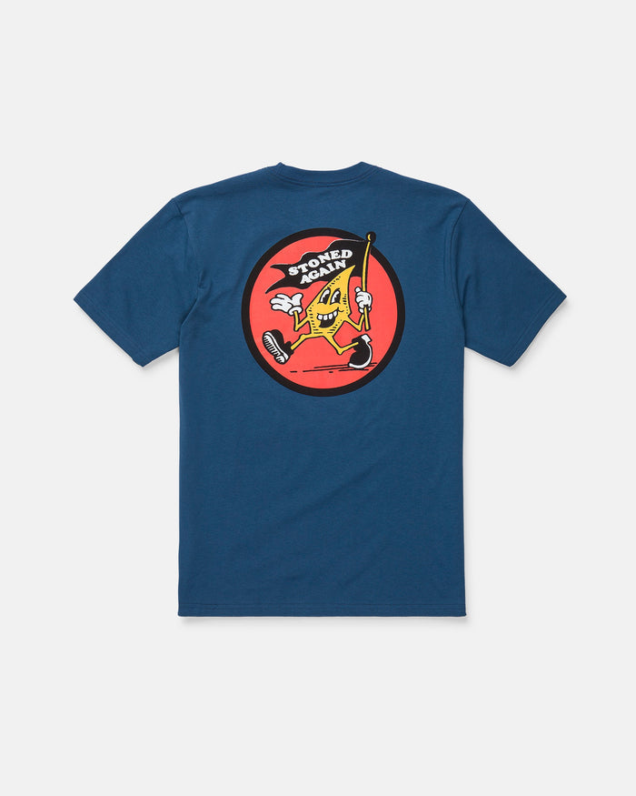 Introducing the Volcom Men's Stoneyguy Short Sleeve Tee—a classic fit t-shirt made from premium cotton for all-day comfort. Featuring a playful blue design with a cartoon banana character inside a red circle, decked out in sunglasses, gloves, sneakers, and sporting a big smile with the words “STONED AGAIN” above. The vibrant graphics are rendered in a soft-hand screen print for lasting style and quality.