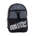 A lightweight men's Summer School backpack by Volcom in black and gray, featuring a front zipper pocket, a top zipper closure, the Volcom logo printed in white on the front, and a convenient laptop sleeve for added functionality.