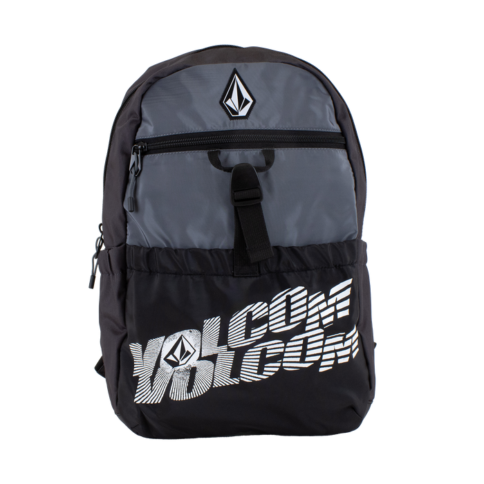 A lightweight men's Summer School backpack by Volcom in black and gray, featuring a front zipper pocket, a top zipper closure, the Volcom logo printed in white on the front, and a convenient laptop sleeve for added functionality.