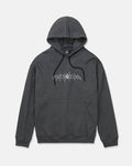 The Volcom Men's Super Stoned Pullover features a dark gray brushed-back fleece construction with a front pocket and black drawstrings. A white stylized heartbeat or soundwave graphic is displayed on the chest. Crafted from Repreve recycled polyester, this hoodie delivers both comfort and sustainability against a plain white background.