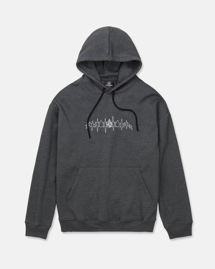 The Volcom Men's Super Stoned Pullover features a dark gray brushed-back fleece construction with a front pocket and black drawstrings. A white stylized heartbeat or soundwave graphic is displayed on the chest. Crafted from Repreve recycled polyester, this hoodie delivers both comfort and sustainability against a plain white background.