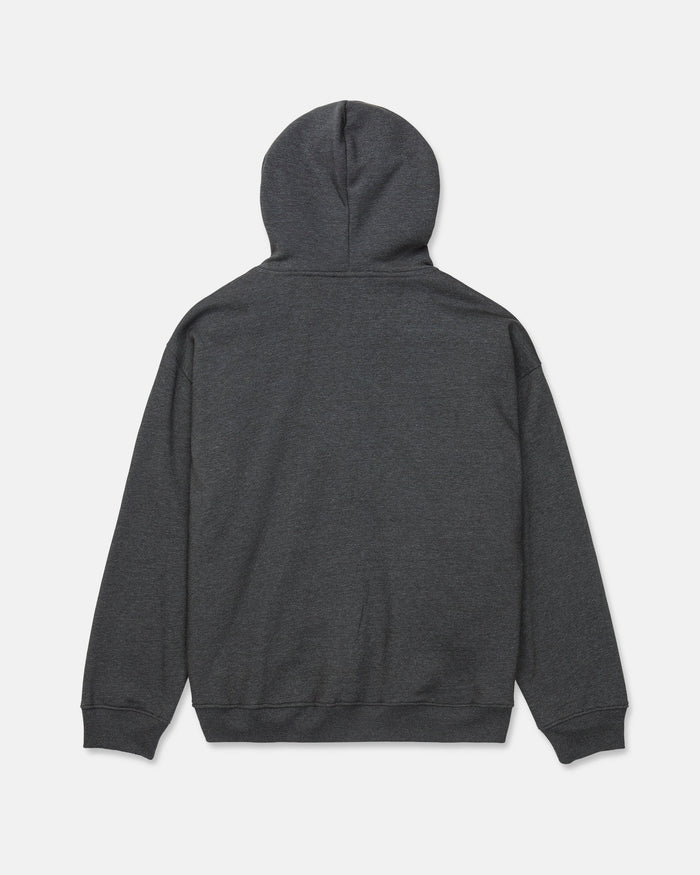 The Volcom Men's Super Stoned Pullover is pictured from the back, featuring a plain dark gray design with long sleeves, ribbed cuffs and hem, and crafted from soft Repreve recycled polyester fleece, set against a white background.