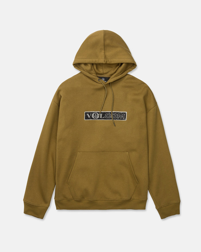Introducing the Men's Super Stoned Pullover by Volcom: an olive green hoodie crafted from cozy brushed-back fleece, featuring a front pouch pocket and a black rectangular Volcom logo patch centered on the chest. Made with recycled polyester, this sustainable sweatshirt is displayed laid flat on a white background.