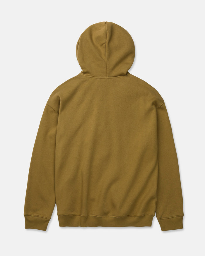 A Men's Super Stoned Pullover by Volcom in plain olive green is displayed flat, showcasing the back side with long sleeves and ribbed cuffs and hem, crafted from soft brushed-back fleece for added comfort.