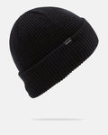 The Volcom Men’s Sweep Lined Beanie is a black, ribbed knit hat for men featuring a folded cuff and a small rectangular Volcom logo tag on the side, along with a warm fleece lining for added comfort. It is displayed on a white background.