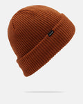 The Volcom Men’s Sweep Lined Beanie, shown in a rust-colored knit with a folded brim and a small black Volcom tag, features a soft fleece lining for extra warmth and is displayed on a white background.