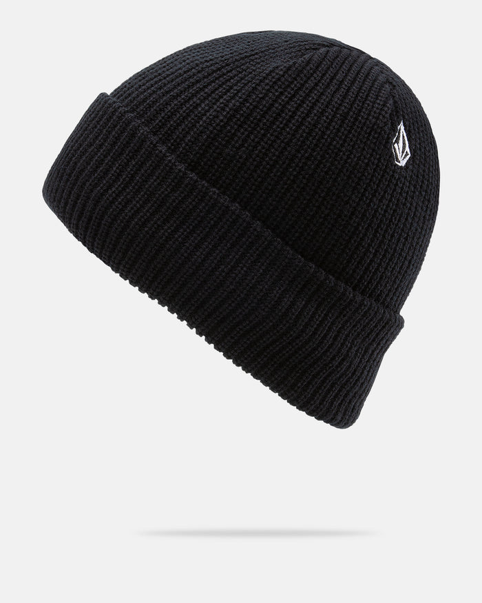 The Volcom Men’s Sweep Lined Beanie is a black knit hat for men, designed with a folded brim and finished with a small white embroidered Volcom logo on the side. It features a cozy fleece lining and is shown against a light gray background.
