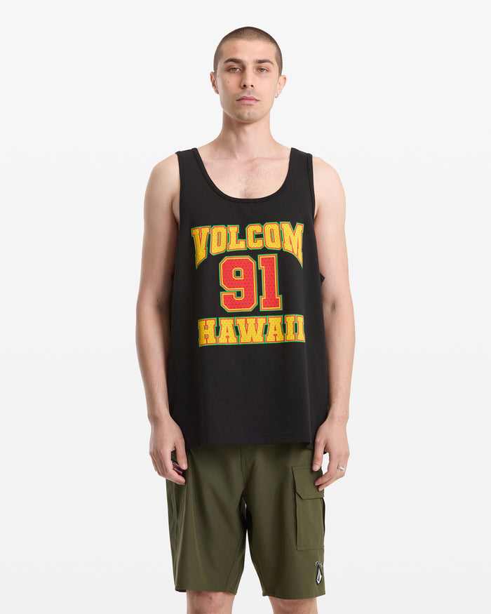 A man with short hair wears the Volcom Men's Swish Tank, a loose black top with "Volcom 91 Hawaii" in yellow and red, paired with olive cargo shorts, standing against a plain white background.